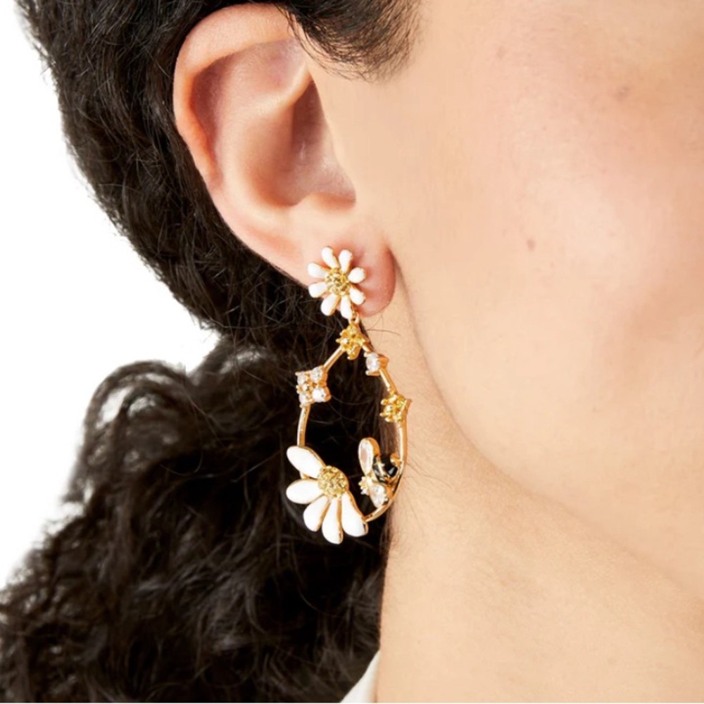 Kate Spade Dazzling Daisies Enamel Bee Statement Hoops Earrings